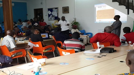 Bankole Cardoso, chief executive officer and founder, Easy Taxi (Nigeria), (right, standing) addressing a cross section of taxi drivers during the google map coaching session in Lagos at the weekend